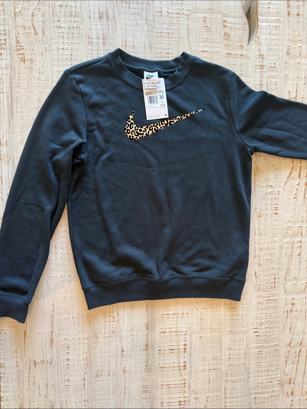 Nike Kids Black Crewneck Sweatshirt with Leopard Swoosh